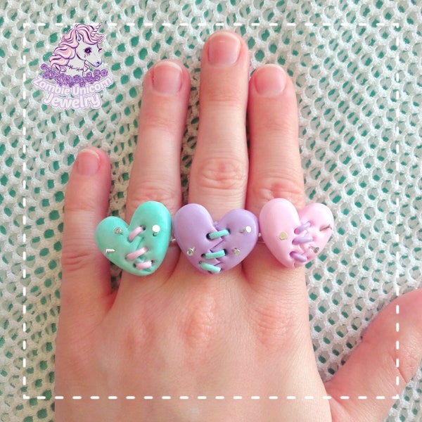 Franken-heart rings / menhera / pastel goth / creepy cute