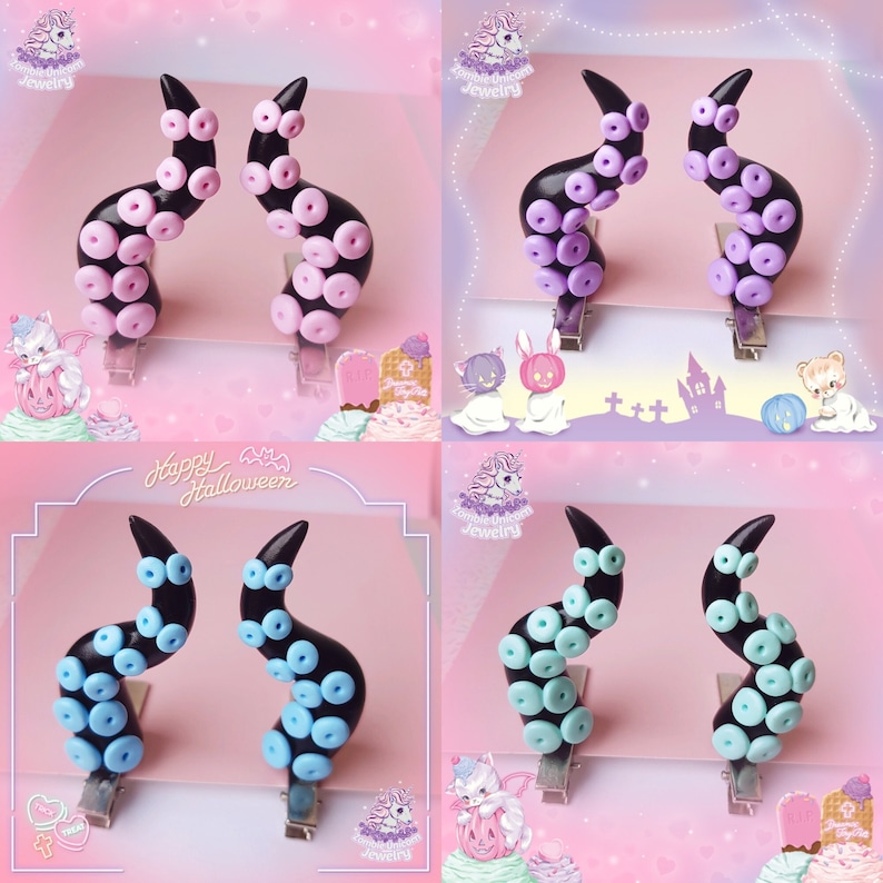 May include: Four pairs of black octopus tentacle hair clips. Each pair features a different colour: pink, purple, blue, and light blue. The clips are made of polymer clay and have a black base.