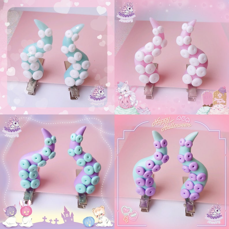 May include: Four pairs of pastel-coloured octopus hair clips. Each clip features a curled tentacle with a row of white circles. The colours are light blue, pink, purple, and light green.