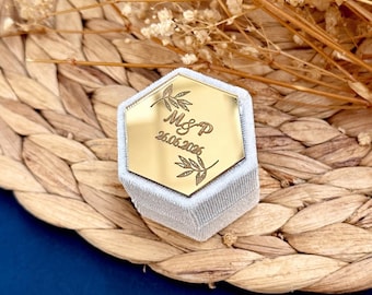 Hexagon Velvet Ring Box with Personalized Initials & Wedding Date – Custom Engraved Ring Holder