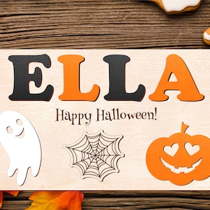 Cadeau d’Halloween, Puzzle de nom en bois personnalisé, Jack O Lantern, Anniversaire d’Halloween, Panneau de décoration d’Halloween, Premier cadeau d’Halloween
