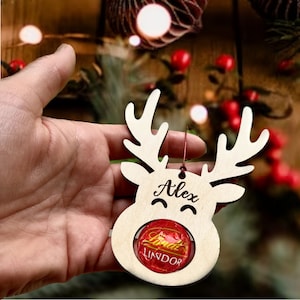 Personalized Reindeer Christmas Ornament: Plywood Chocolate Stocking Tag