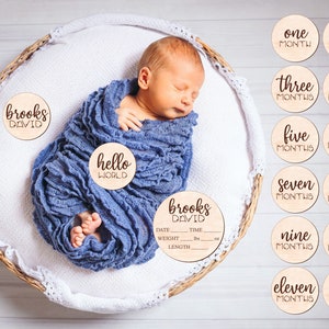 Carte traguardi per bambini, Carte statistiche di nascita, Oggetti di scena per foto di neonati, Segni mensili per bambini, Carte traguardi mensili per bambini personalizzate, Hello World