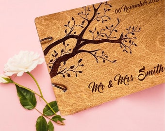 Libro de firmas de boda de madera personalizado: Diseño rústico de árbol
