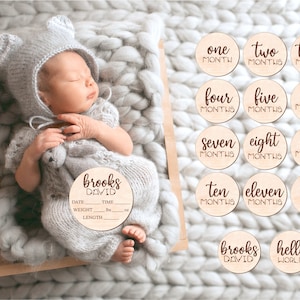 Regalo para bebés, Tarjetas de hitos para bebés, Hola mi nombre es, Discos de hitos, Marcador de mes, Signo de Hola Mundo, Signos mensuales para bebés, Anuncio de nacimiento