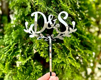 Custom Cake Topper, Gold Silver Cake Toppers for Wedding, Custom Name Cake Topper, Custom Initials Cake Topper, Wreath Wedding Cake Topper