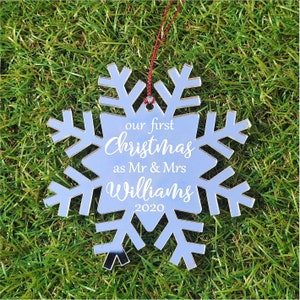 Personalized First Christmas Married Ornament: Mr & Mrs Acrylic Snowflake