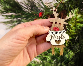 Adorno navideño de reno personalizado: recuerdo de mesa de madera para fiestas