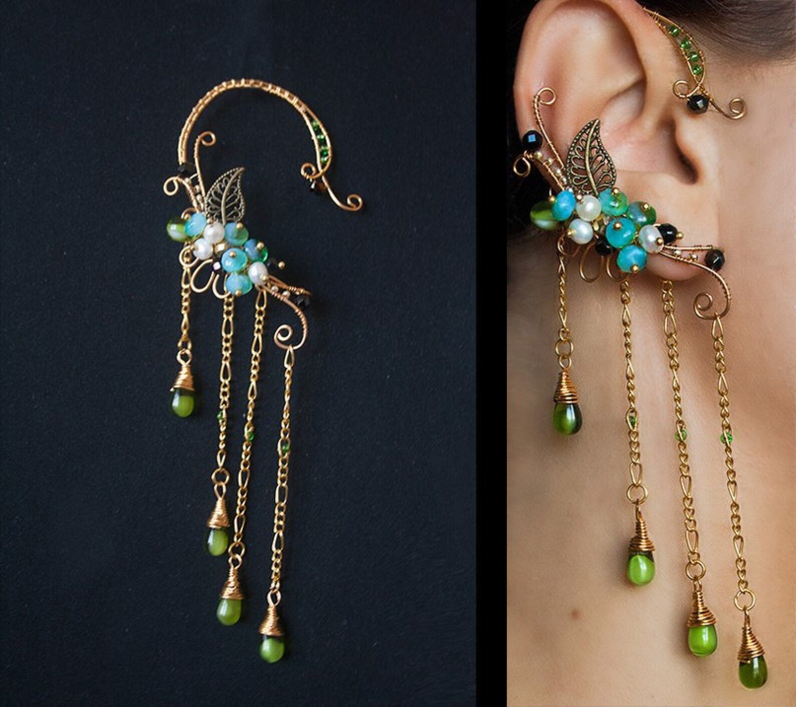 Dangling ear cuffs non pierced Long ear cuff Elven ear cuffs Etsy