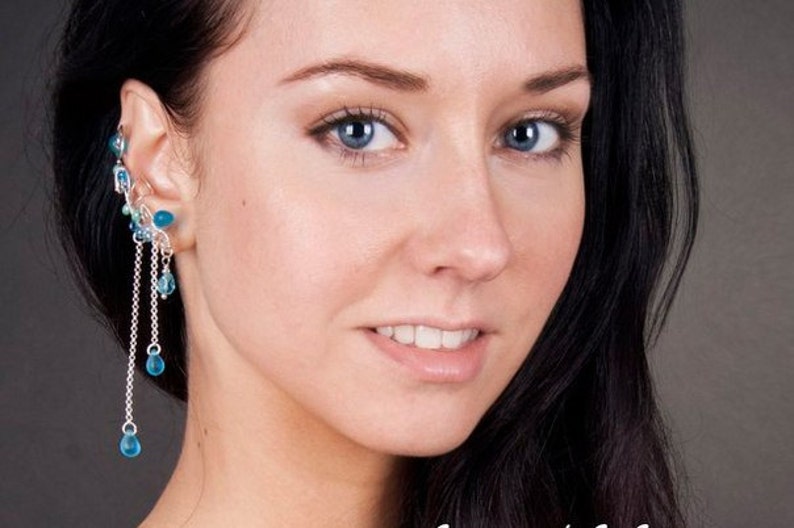 Blue Ear Cuffs With Chains Elven Ear Cuffs Elegant Ear Wrap Etsy