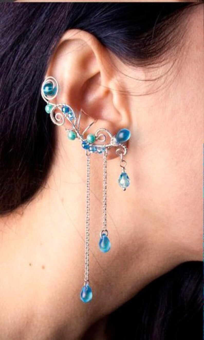 Blue Ear Cuffs With Chains Elven Ear Cuffs Elegant Ear Wrap Etsy