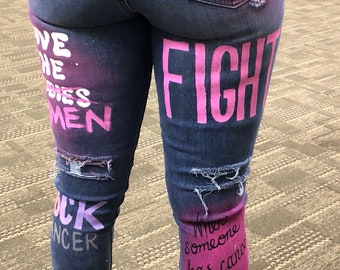 Women’s Hand-Painted Distressed Denim Jeans | Breast Cancer Awareness | Pink Fur Hem