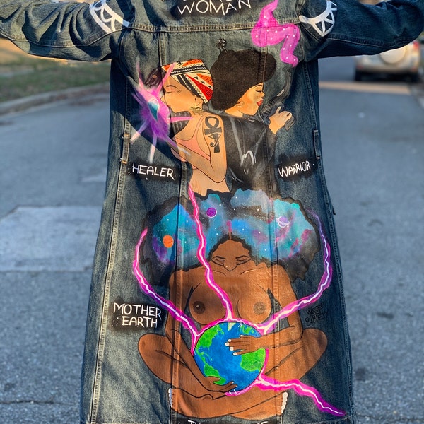 Custom Hand Painted Vintage Long Length Denim Trench