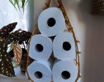 Unique cotton toilet paper holder, eco-friendly, recycled cotton, hanging hammock. Great for boat or caravan and small bathroom.