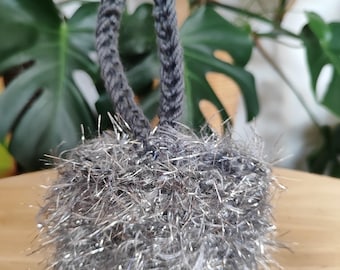 Tinsel sparkle yarn earpod case, earbuds pouch, handmade, crochet, silver sparkly yarn case.