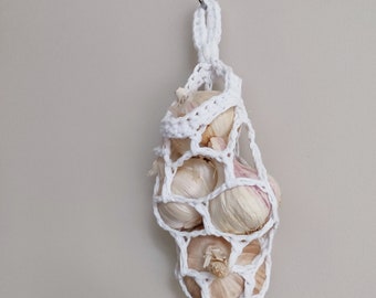 Mini basket for garlic storage, eco-friendly, hanging basket, recycled cotton. Great for boat or caravan.