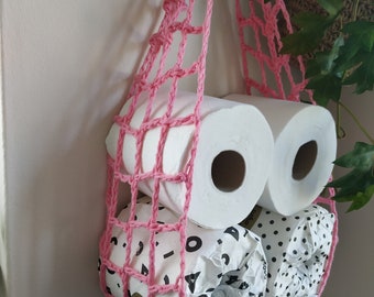 Unique cotton toilet paper holder, eco-friendly, recycled cotton, hanging hammock. Great for boat or caravan and small bathroom.