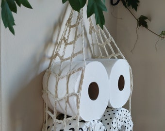 Unique cotton toilet paper holder, eco-friendly, off white colour, recycled cotton, hanging hammock. Great for boat or caravan.