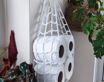 White, unique cotton toilet paper holder, eco-friendly, recycled cotton, hanging hammock. Great for boat or caravan and small bathroom.