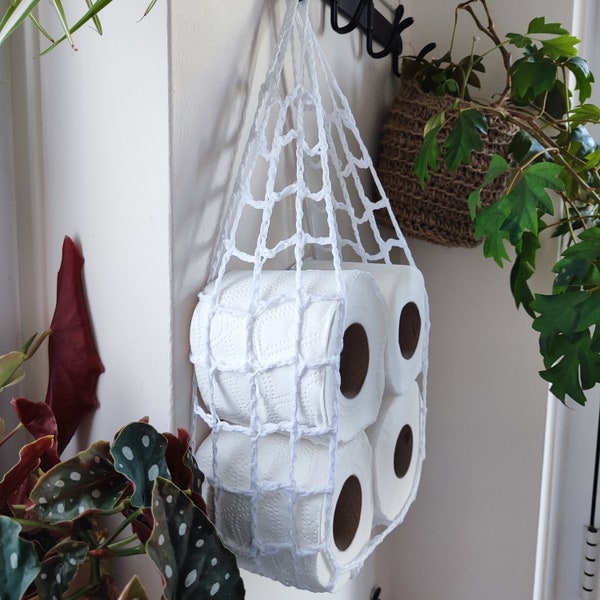 Handmade Recycled Cotton Crochet Toilet Paper Holder, Boat & Caravan Storage, White colour.