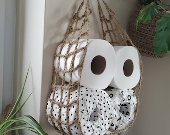 Unique Jute toilet paper holder, natural, eco-friendly,  hanging hammock. Great for boat or caravan.