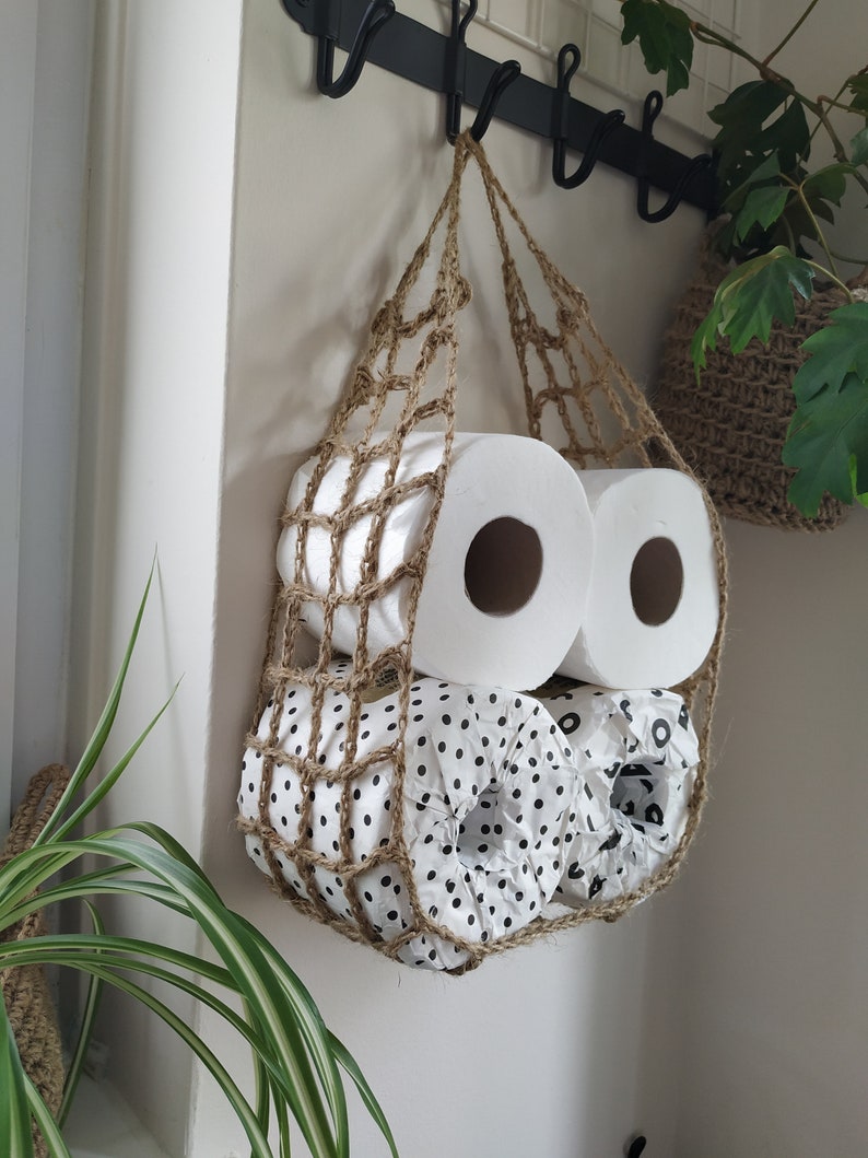 Unique Jute toilet paper holder, natural, eco-friendly, hanging hammock. Great for boat or caravan. image 1