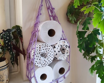 Unique organic cotton toilet paper holder, lilac colour, eco-friendly,  hanging hammock. Great for boat or caravan.
