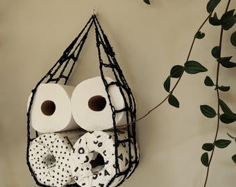 Handmade Black Cotton Toilet Paper Holder, Hanging Hammock, Eco-Friendly