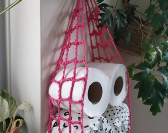 Unique cotton toilet paper holder, eco-friendly, recycled cotton, hanging hammock. Great for boat or caravan and small bathroom.