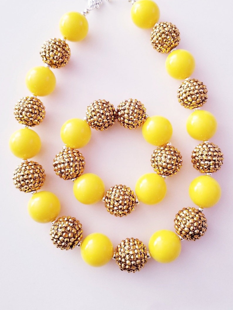 Girls Toddlers Baby Chunky Bubblegum Beaded Yellow And Gold Necklace Bracelet And Matching Flip Sequin Hair Bow Set!!