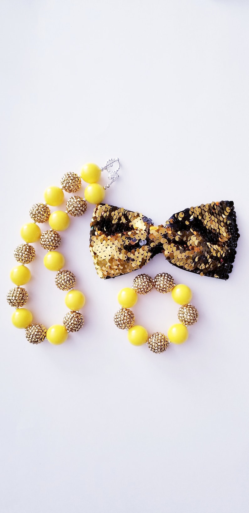 Girls Toddlers Baby Chunky Bubblegum Beaded Yellow And Gold Necklace Bracelet And Matching Flip Sequin Hair Bow Set!!