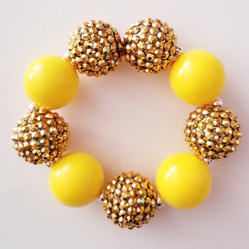 Girls Toddlers Baby Chunky Bubblegum Beaded Yellow And Gold Necklace Bracelet And Matching Flip Sequin Hair Bow Set!!
