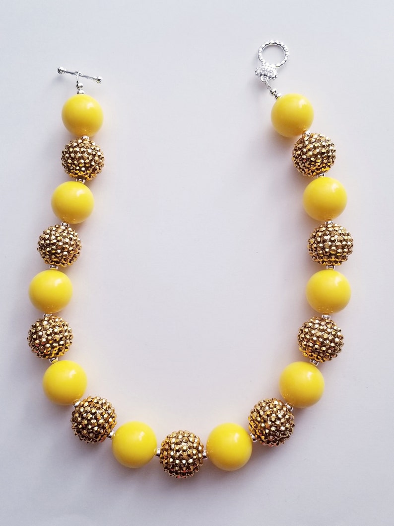 Girls Toddlers Baby Chunky Bubblegum Beaded Yellow And Gold Necklace Bracelet And Matching Flip Sequin Hair Bow Set!!