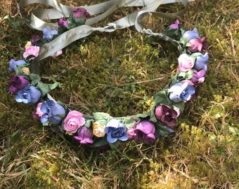 Flower wreath crown in blues, purples and pink