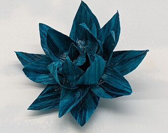 Handmade Teal Paper Flower Brooch: Striped Indian Paper