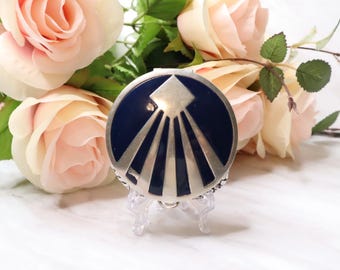 Vintage 1940s Metal Mesh Powder Compact Blue Enamel Art Deco