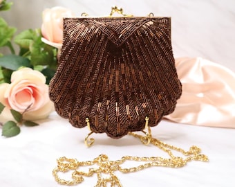 Vintage Valerie Stevens Bronze Brown Beaded Clamshell Crossbody Evening Bag