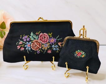 Vintage Petit Point Floral Evening Bag and Coin Purse Set, 1950s-60s Black with Gold Frames