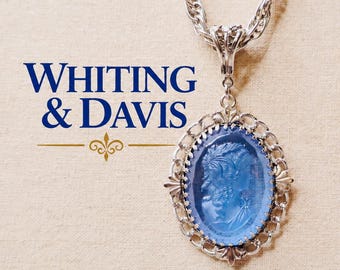 Vintage Whiting & Davis Blue Glass Cameo Necklace Silver Tone Victorian Revival