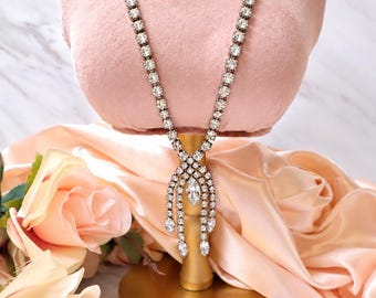 Vintage Rhinestone Fringe Necklace Silver Tone Cascading Statement Jewelry