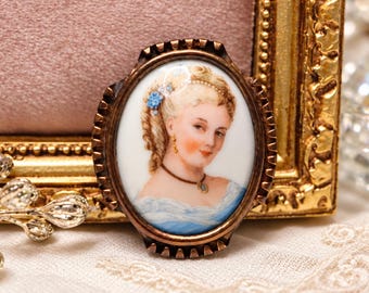 Vintage Limoges France 1930s Portrait Brooch Porcelain Pin