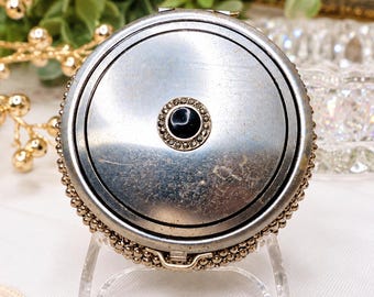 Vintage Evans 1940s Powder Compact Black Enamel Rhinestone Metal Bead Base