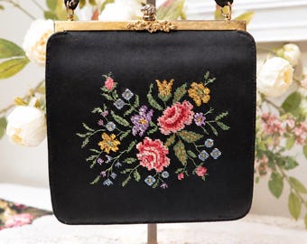 Vintage Floral Embroidered Satin Evening Purse with Ornate Frame