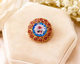 Vintage Micro Mosaic Brooch Italian Floral Pin Gold Tone Mid Century Jewelry
