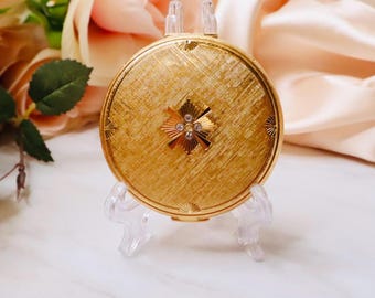 Vintage Elizabeth Arden Gold Tone Rhinestone Powder Compact