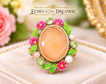 Vintage Echo of the Dreamer Sterling Silver Peach Moonstone Peridot Floral Ring Size 8