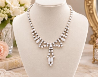 Vintage Milk Glass Wedding Jewelry Necklace 1950s Bridal Statement