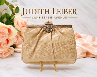 Vintage Judith Leiber Saks Fifth Avenue Beige Lizard Embossed Leather Evening Bag