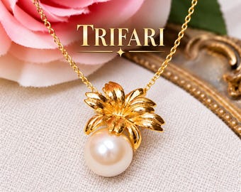 Vintage Trifari Faux Pearl Pendant Necklace Signed Gold Tone Jewelry