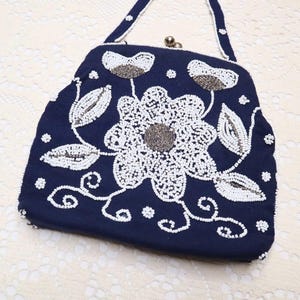 Vintage Beaded Evening Bag: Navy Blue Floral Handbag, Rhinestone Clasp